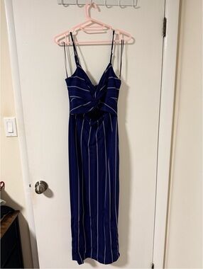 Striped Navy Spaghetti-Strap Maxi Dress with Twist Front and Slit